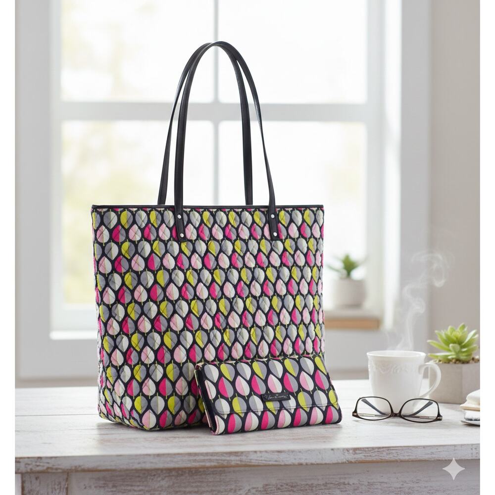 Vera Bradley Moon Drops Tote Shoulder Bag Purse & Turnlock Wallet Set Retro